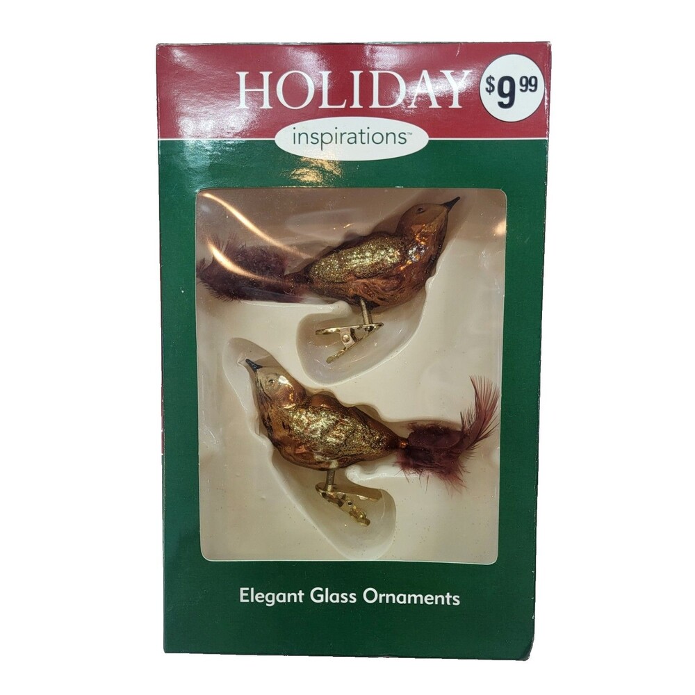 Holiday Inspirations Glass Bird Clip-On Christmas Ornaments Gold Brown Set of 2